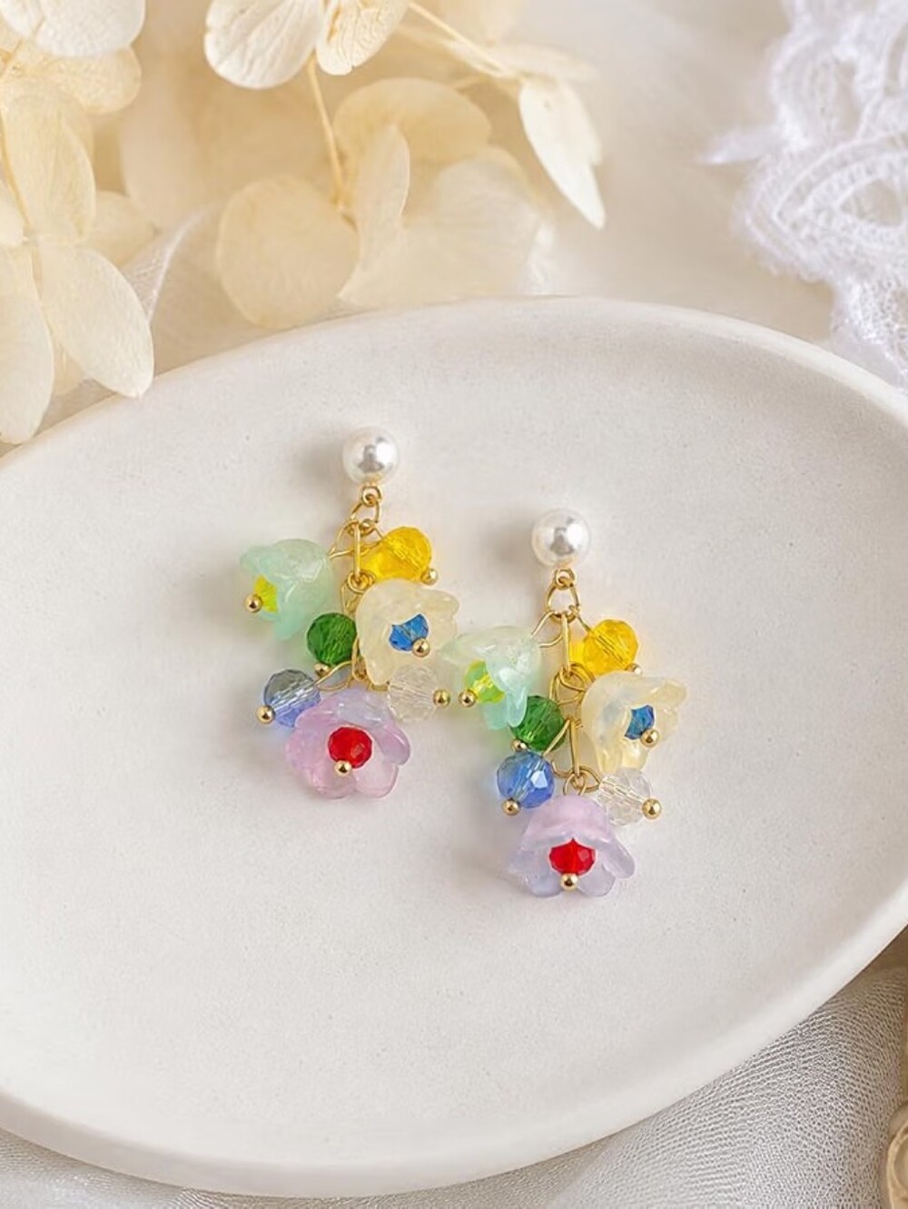 Colorful Floral Pearl Dangle Earrings With Pearl Studs And Crystal Beads